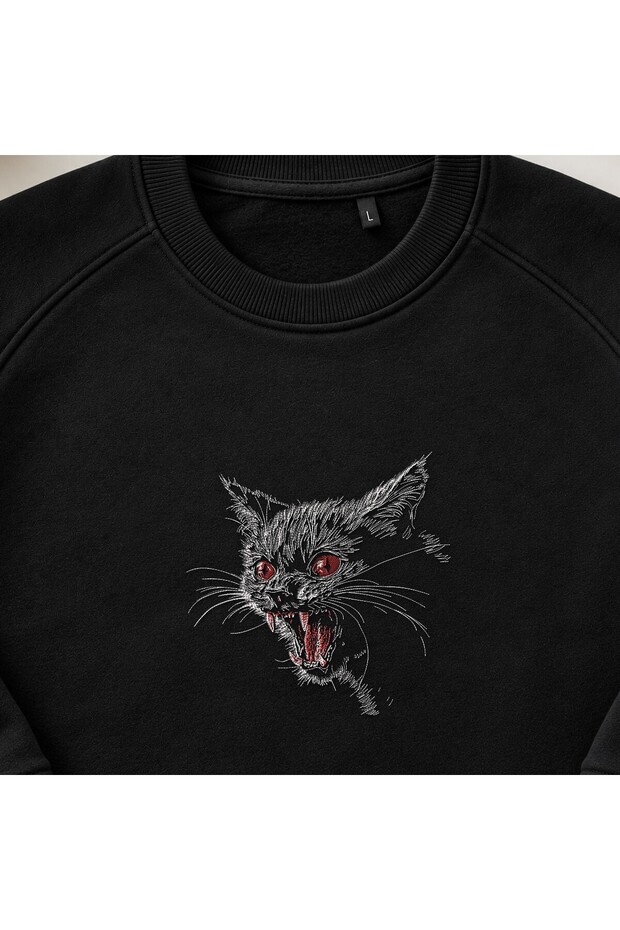 Furious Wild Cat Embroidered Crew Neck Sweatshirt Unisex