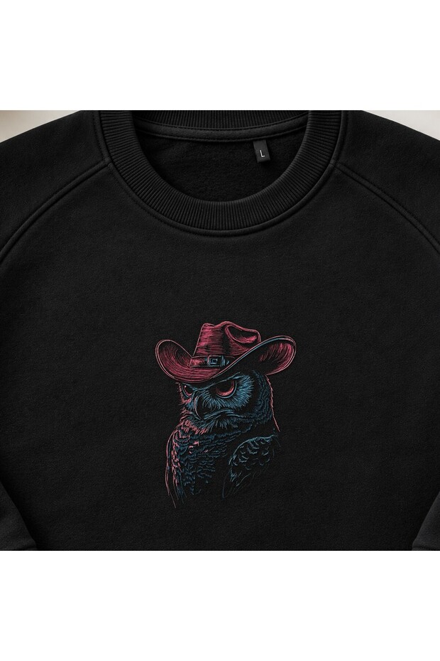 Cowboy Hat Owl Embroidered Crew Neck Sweatshirt Unisex