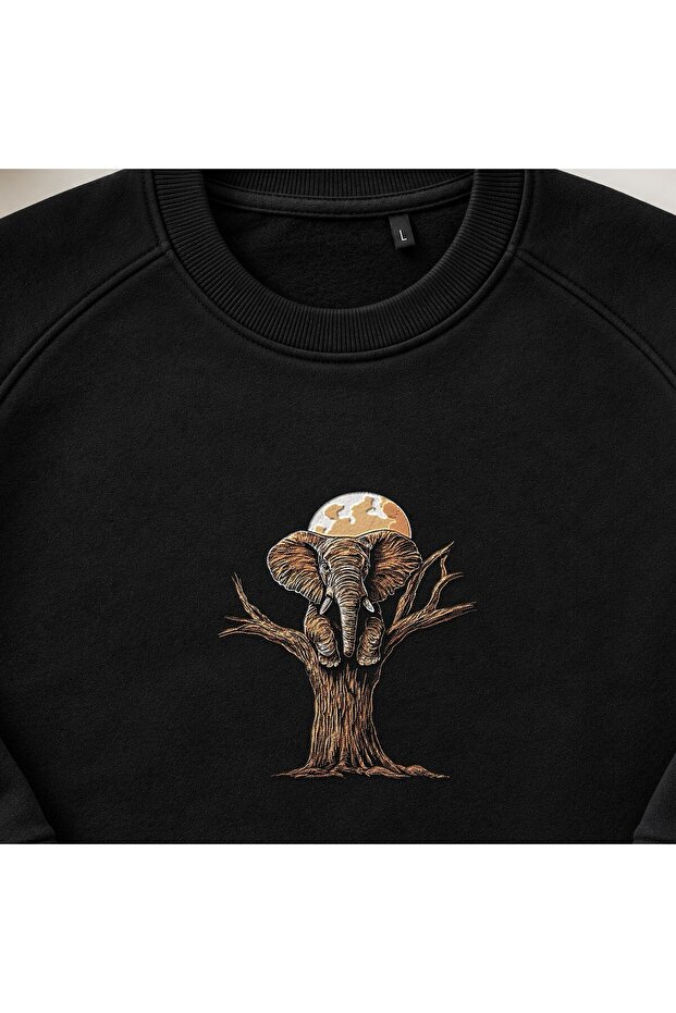 Moon and Tree Elephant Safari Embroidered Crew Neck Sweatshirt Unisex