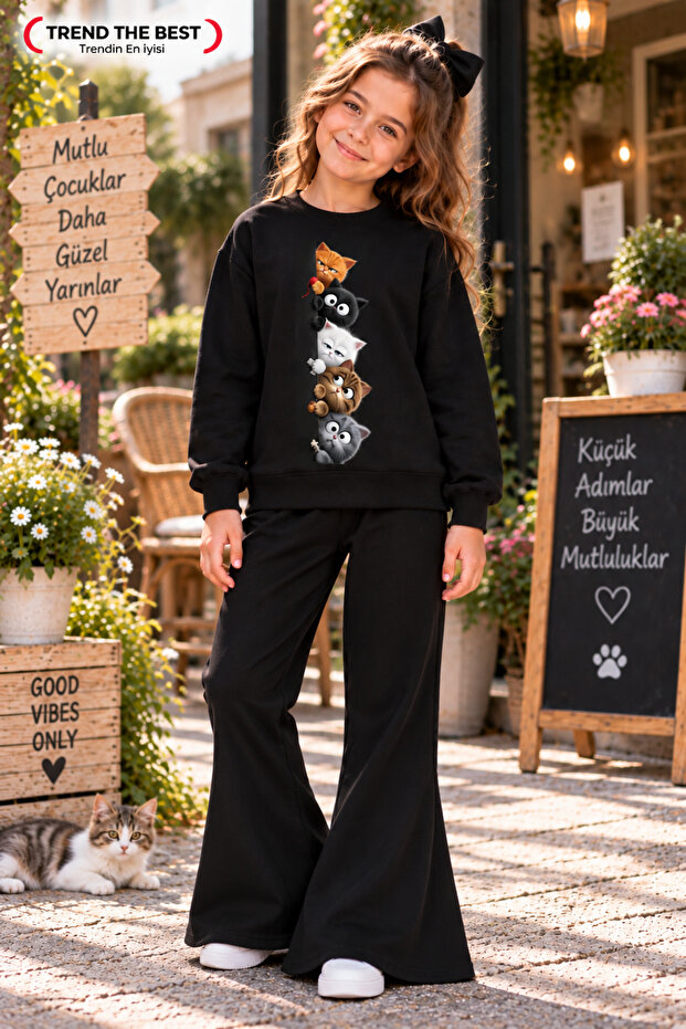 Winter, Spring, and Autumn Girls' Black Spanish Flared Bottoms and Black Sweat Top