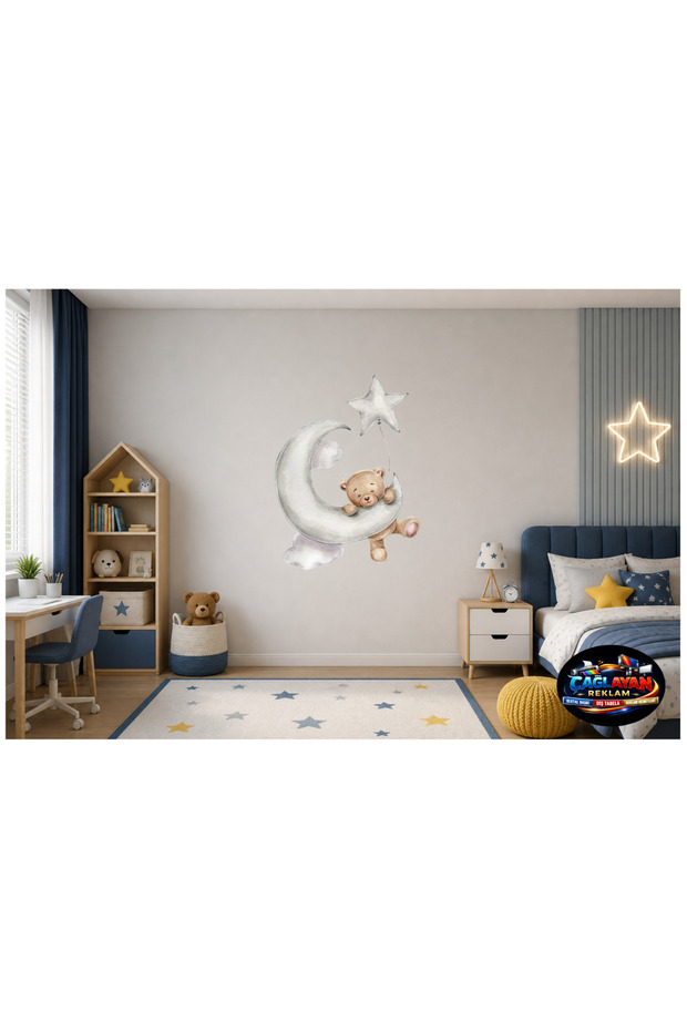 Teddy Bear Sleeping on the Moon Wall Sticker – Star and Cloud Themed Baby Kids Room Decorative Wall Decal
