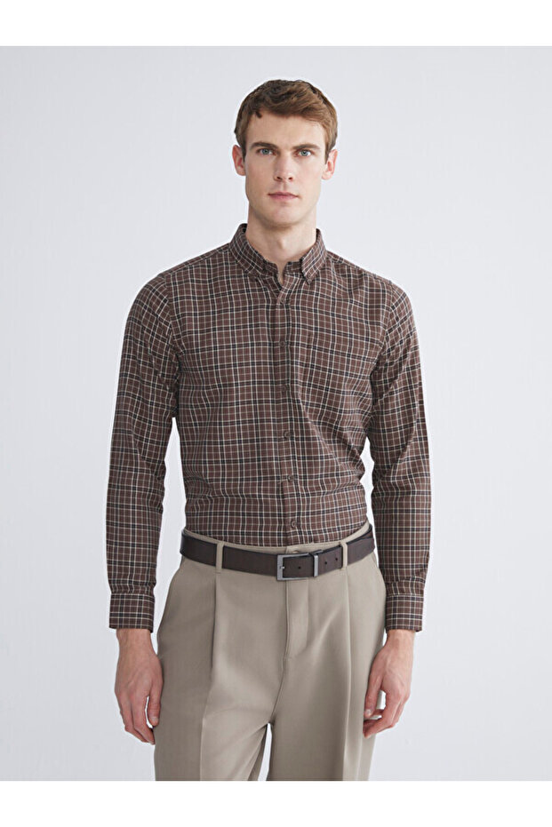 Esvab • Modern & Distinctive Standard Fit Long Sleeve Checkered Embroidered Gabardine Men's Shirt