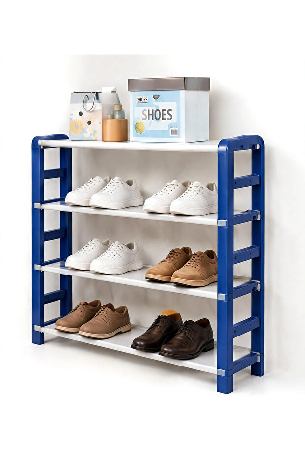 4-Tier Multi-Layer Shoe Rack Organizer - Stackable Plastic Shoe Storage Shelf - Space Saving Shoe Stand for Entryway, Hallway and Closet - Blue & White