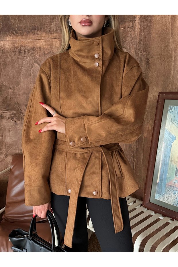 New Season Women's Stand Collar Nubuck Suede High Collar Thick Textured Snap Detailed Back Gathered Belted Women's Jacket