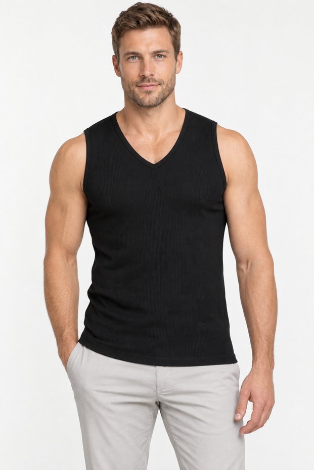 Men's 100% Cotton V-Neck Sleeveless Ribbed Undershirt Single Black