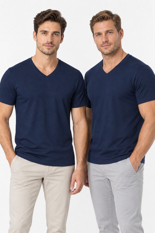 Men's Cotton Modal V-Neck Short Sleeve Undershirt Undershirt 2-Piece Navy Blue