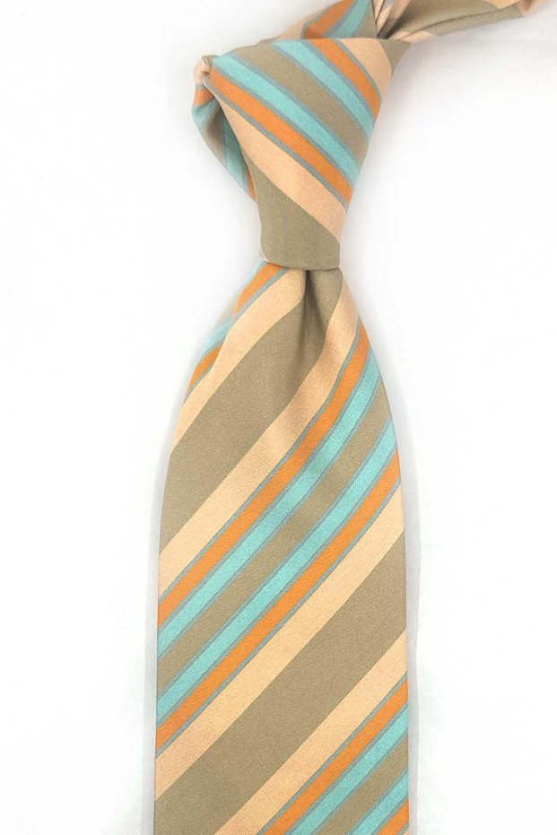 Beige Stripe Pattern Italian Silk Tie İk2584