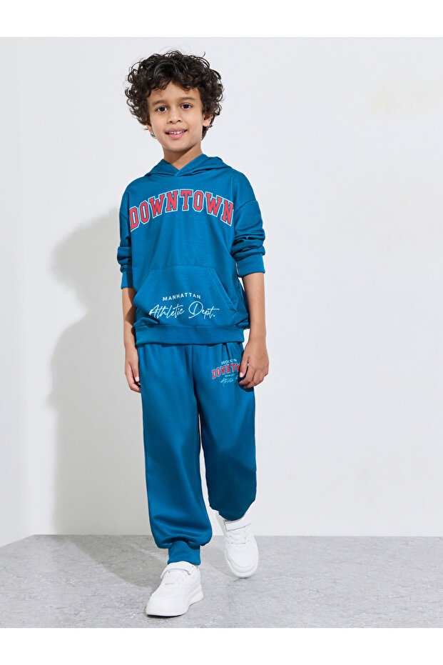 Boys Blue Printed Drop Shoulder Hoodie and Joggers Set