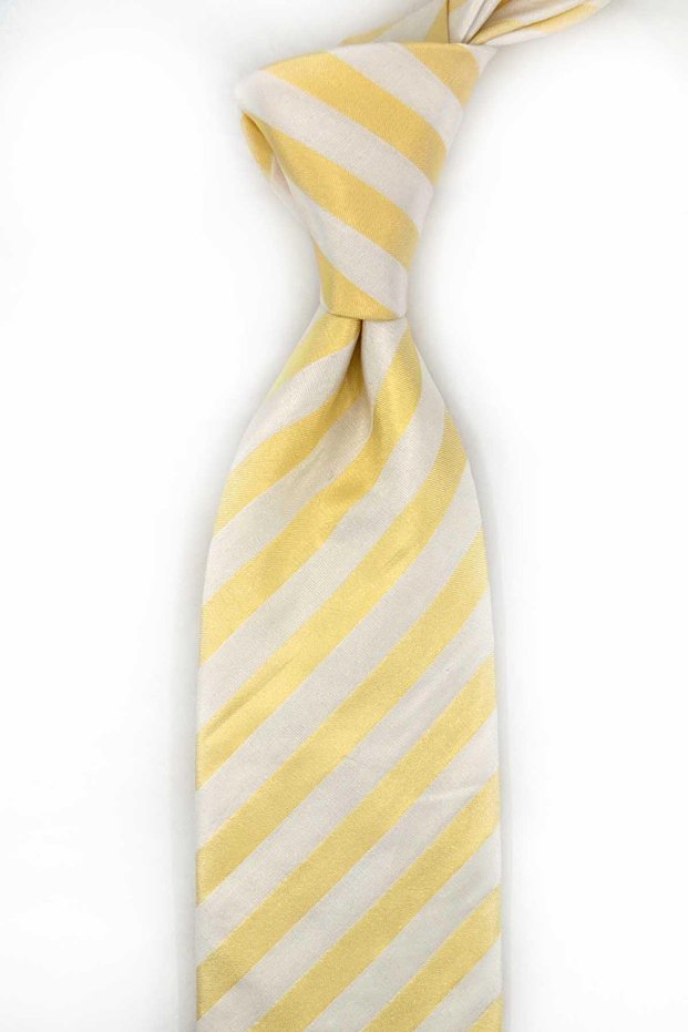 Yellow White Stripe Pattern Italian Linen Silk Tie Ik2608