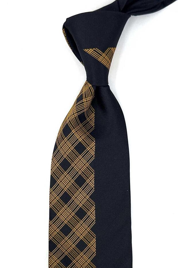 Black Yellow Panel Pattern Italian Silk Tie İk2596