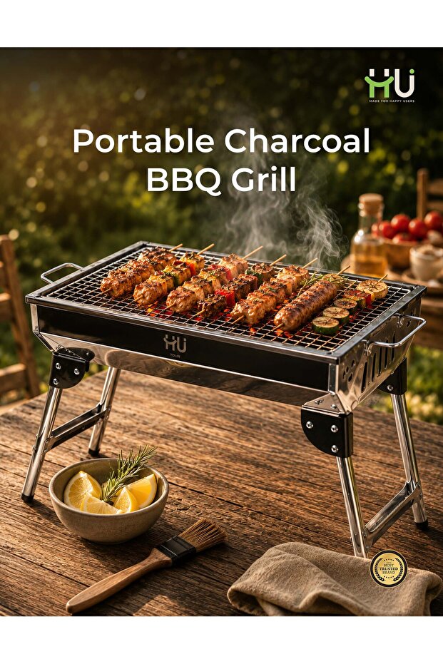 HU Portable Charcoal BBQ Grill – Foldable Stainless Steel Barbecue Grill with Easy Carry Design for Camping, Picnic, Garden, Outdoor Cooking & Travel