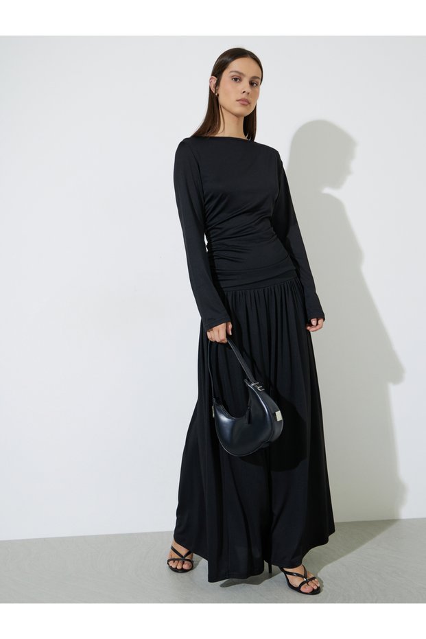 Black Ruched Long-Sleeve Top and Maxi Skirt Co-ord Set