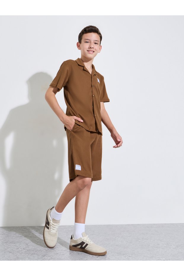 Teen Boys Brown Waffle Knit Shirt and Shorts Set