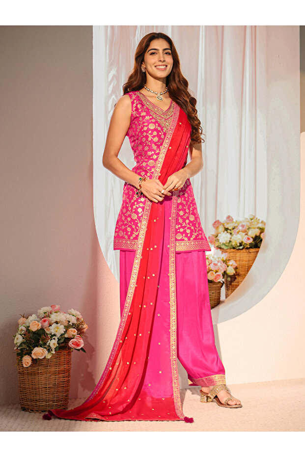 Pink Woven Design Silk Blend Straight Kurta, Salwar And Dupatta Set
