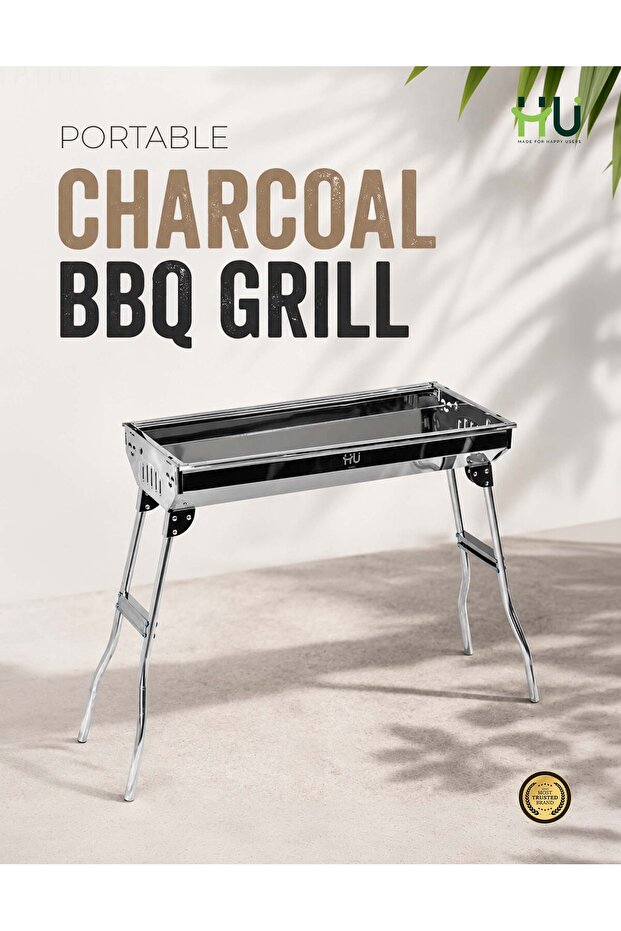 HU Portable Charcoal BBQ Grill – Foldable Stainless Steel Barbecue Grill with Easy Carry Design for Camping, Picnic, Garden, Outdoor Cooking & Travel