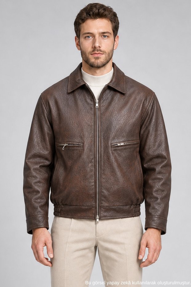Men's Brown Oversize Leather Coat with Chest Pockets