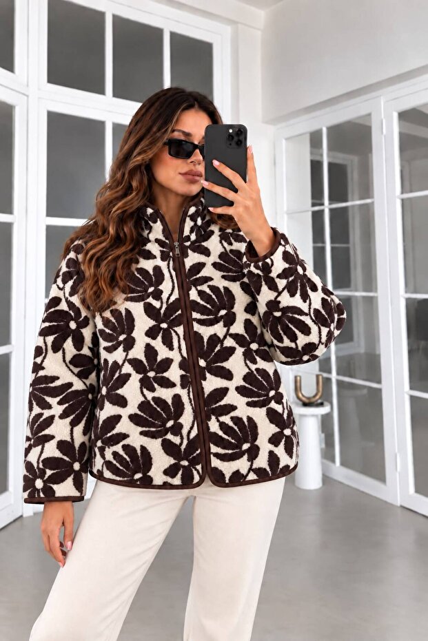 Floral Zippered Plush Fleece Jacket