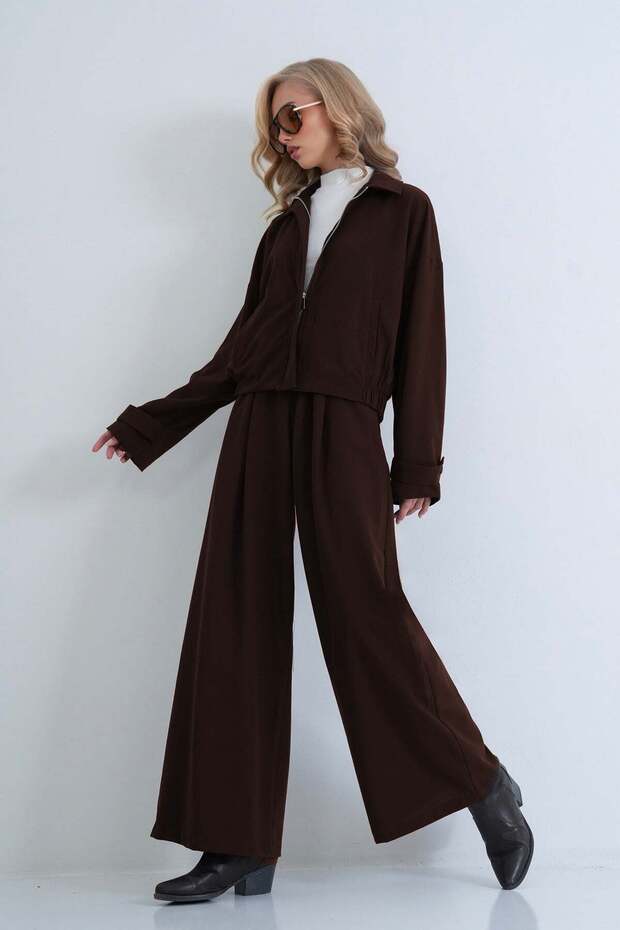 Women's Bitter Brown Elastic Waist Zipper Suit Alc-X15904