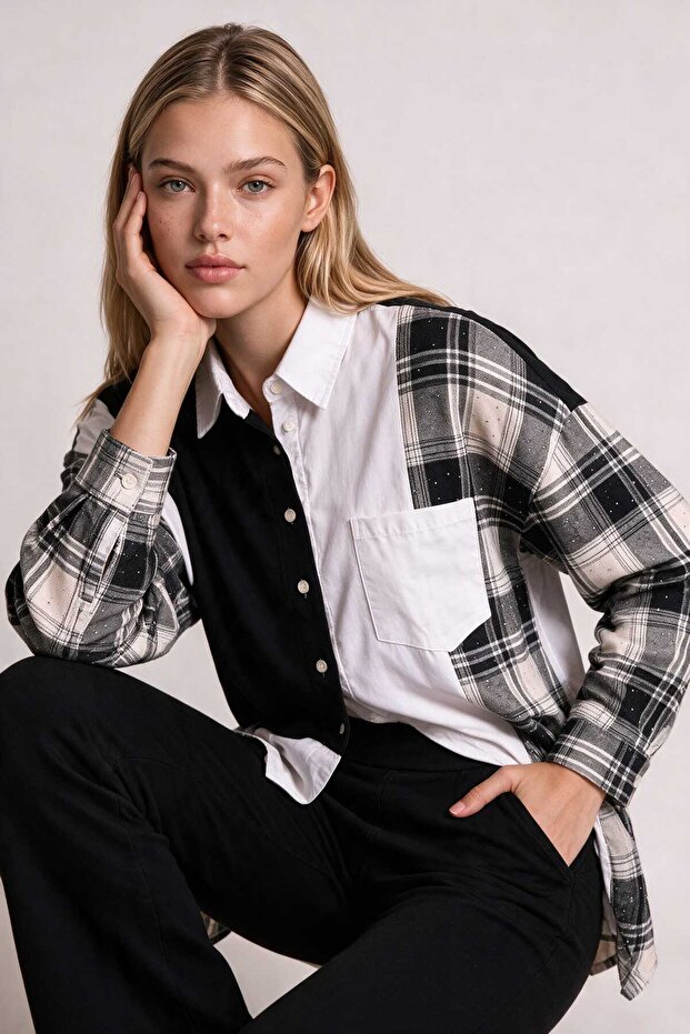 Asymmetrical Stone Embellished Premium Shirt Lby0099 Black White