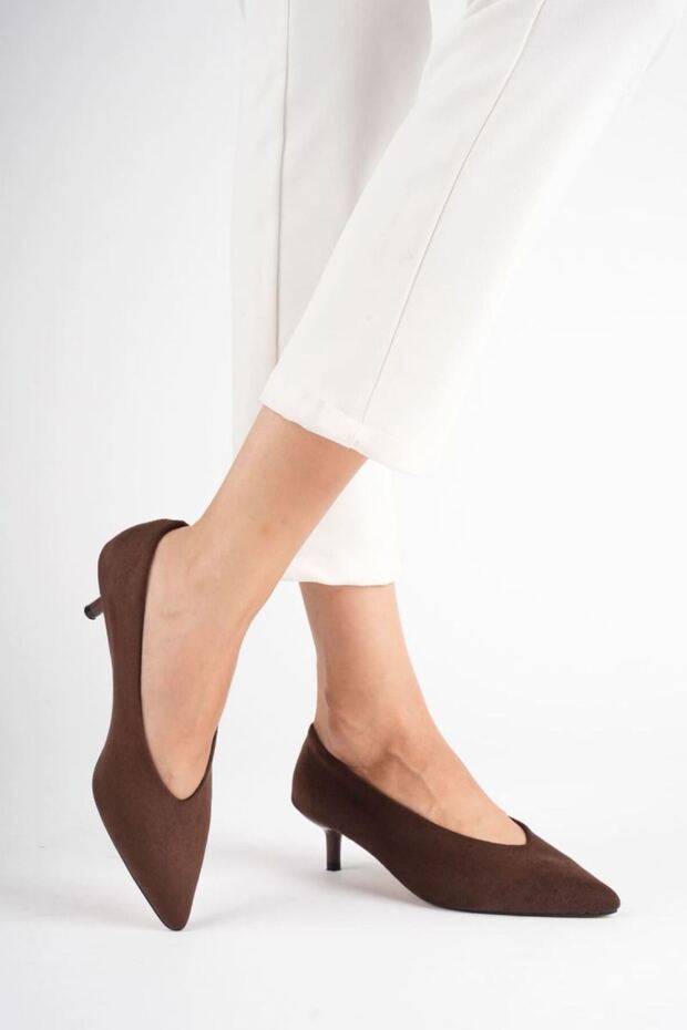 Women's Bitter Brown Suede 4 cm Thin Heeled Stiletto Tr05Ms02K