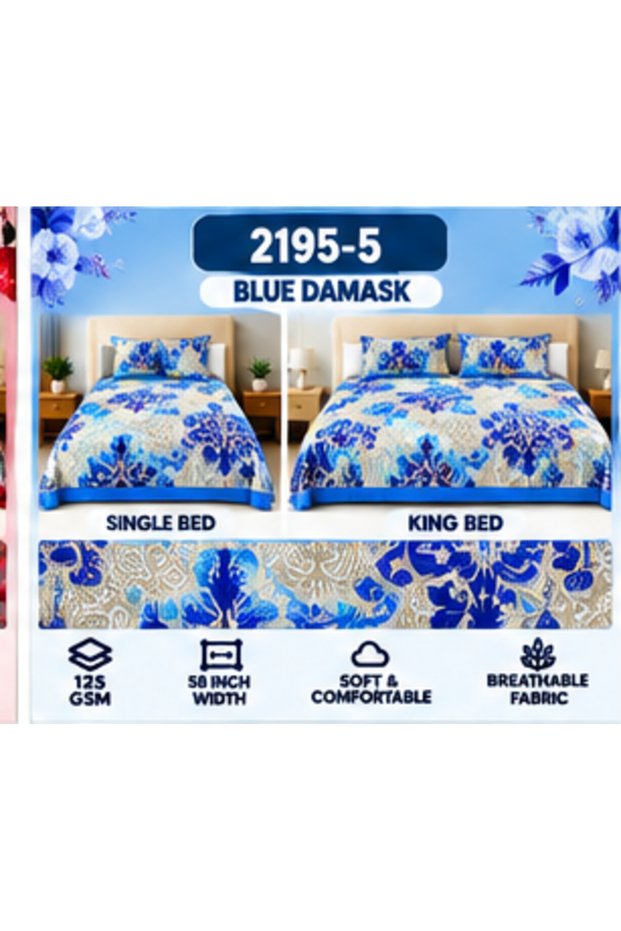 Blue Damask Single Bedsheet Set 270 * 260cm, 1 king flat sheet with 2 Pillow Covers