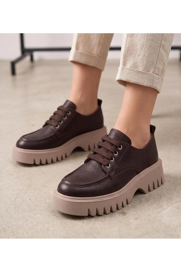 N-2705 Genuine Leather Thick Sole Lace-Up Women's Loafers