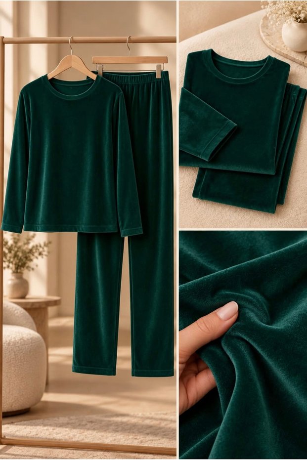 French Velvet Plain Long Sleeve Crew Neck Pajama Set