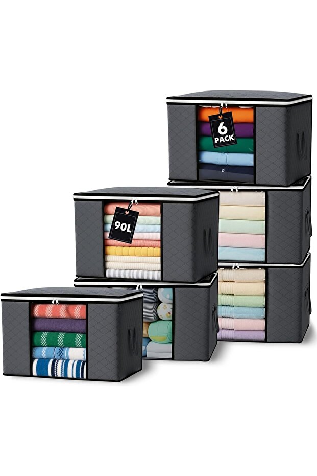 6 Pack Large Capacity Storage Bags, 90L Foldable Clothing Storage Bags Organizer with Rein