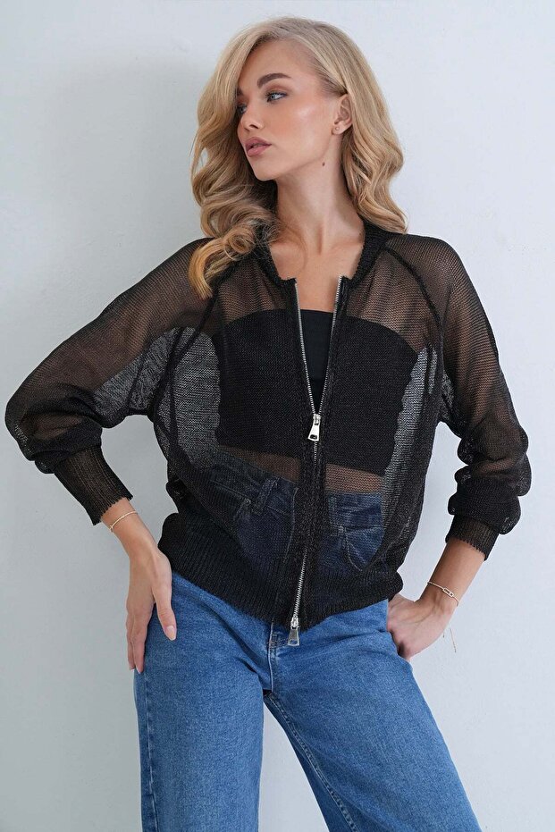 Women's Black Zippered Mesh Jacket Alc-X15902