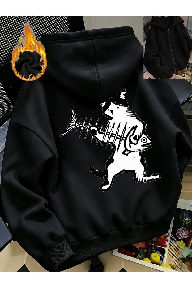 Unisex Black Guitar Cat Back Printed Zippered Sweatshirt Printed Premium Oversize T-Shirt