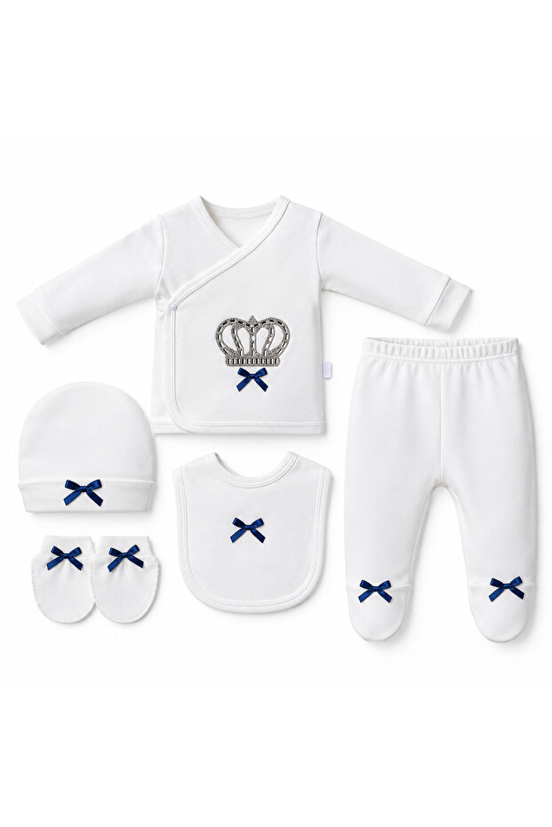 Newborn 5 Piece Hospital Discharge Set Crowned Navy Blue Bow Baby Boy Bodysuit Set 0-3 Months