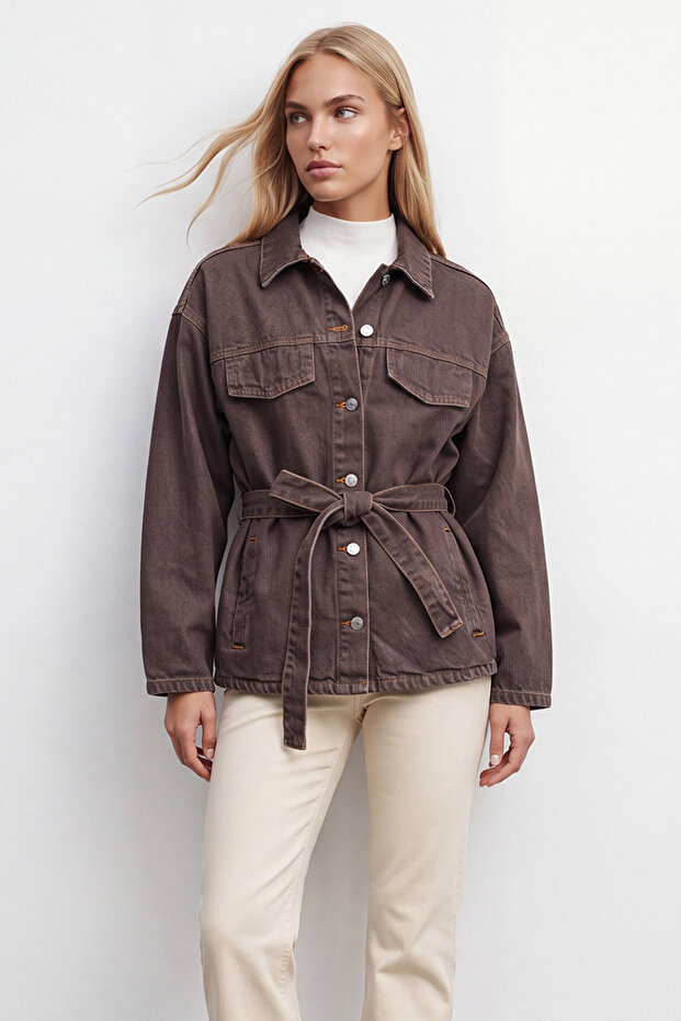 Women's Brown Belt Detailed Snap Closure Denim Jacket Alc-X15652