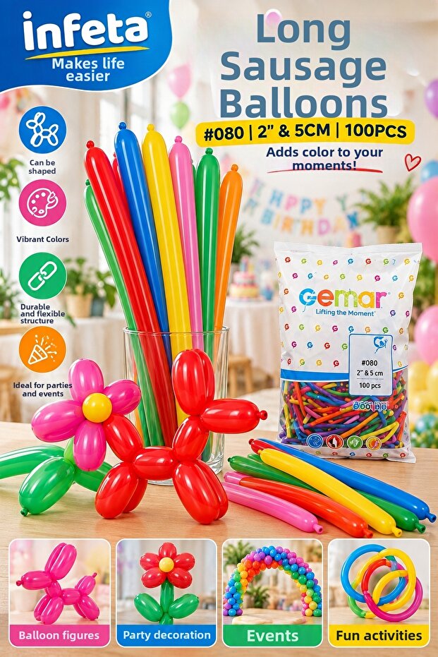 5 cm 2 Inch Long Sausage Balloon 100 Pieces for Shape Making and Party Balloon