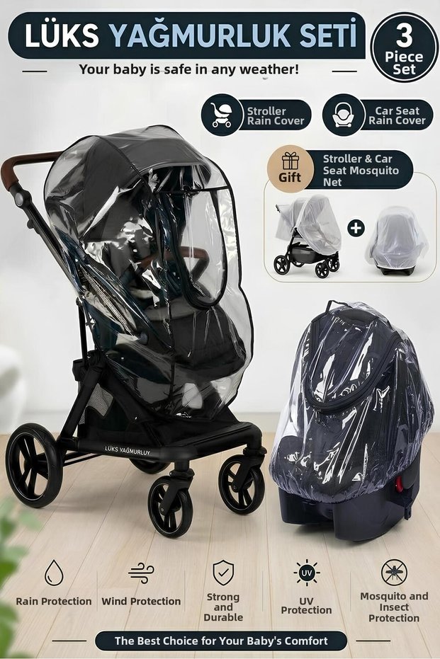 Set of 3 Baby Stroller & Baby Carrier Rain Cover + Fly Screen