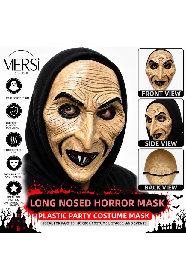 Long Nose Pointed Teeth Old Lady Plastic Horror Mask Party Mask with Elastic Rubber