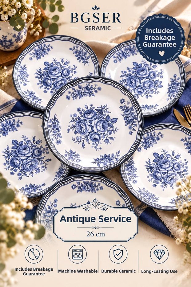 Antique Serving Plate Blue 6-Person Luxury Serving Plate 26 cm
