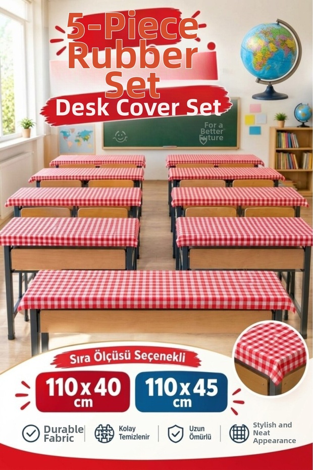 5 Pieces School Desk Cover Elastic Tablecloth Cotton Fabric Red Gingham