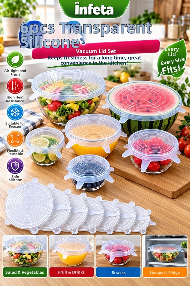 Set of 6 Transparent Silicone Stretch Lids Flexible Food Storage Cover Pot Bowl Cap
