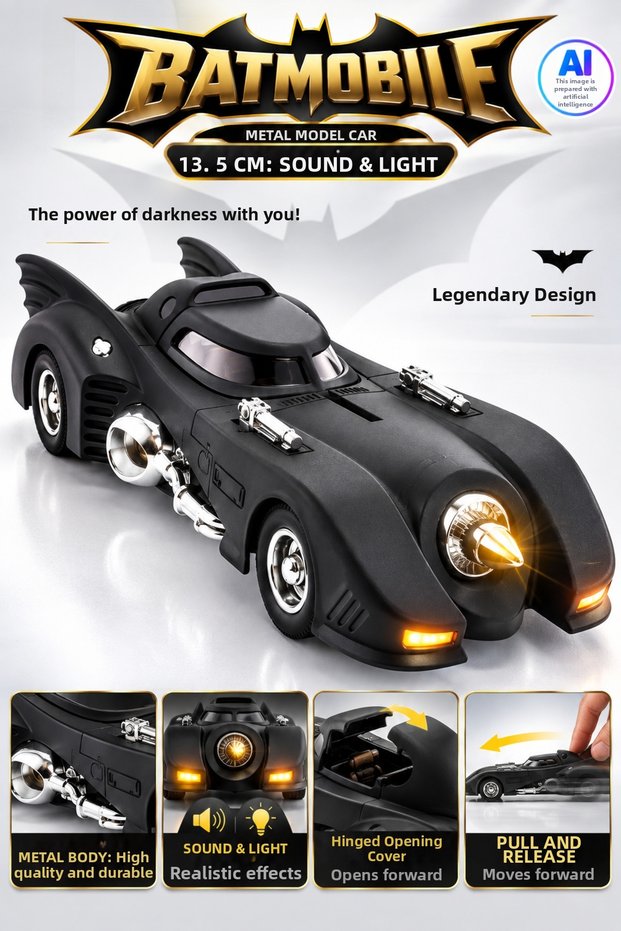 Die Cast Batmobile Metal Model Car 13.5 cm – Matte Black Toy Car with Sound and Light, Pull-Back Function, Sliding Openable Doors