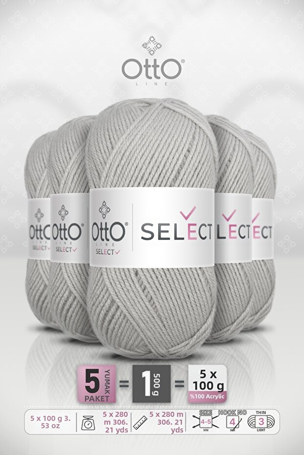 Select • Light Gray (9512) • 5-Pack × 100 Gr / 280 m • Acrylic Hand Knitting Yarn • Sweater, Cardigan, Scarf