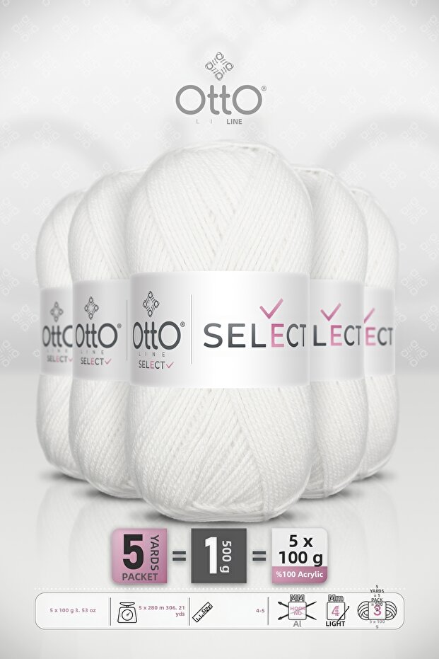 Select • White (9513) • 5-Pack × 100 Gr / 280 m • Acrylic Hand Knitting Yarn • Sweater, Cardigan, Scarf