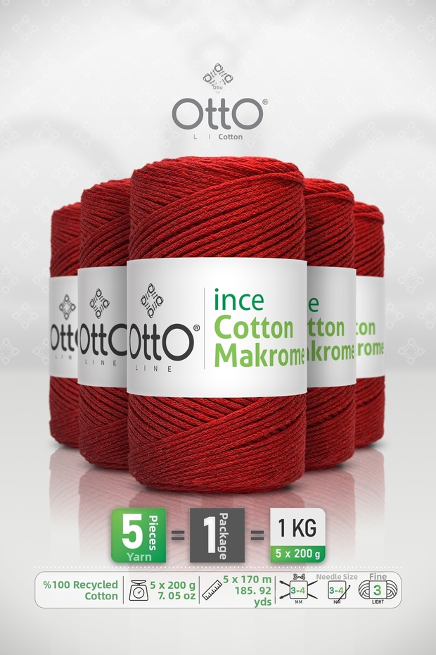 Thin Cotton Macrame Yarn • Red • 5-Pack × 200 Gr / 170 m • 2 mm • Cotton Cord • Macrame, Bags, Accessories