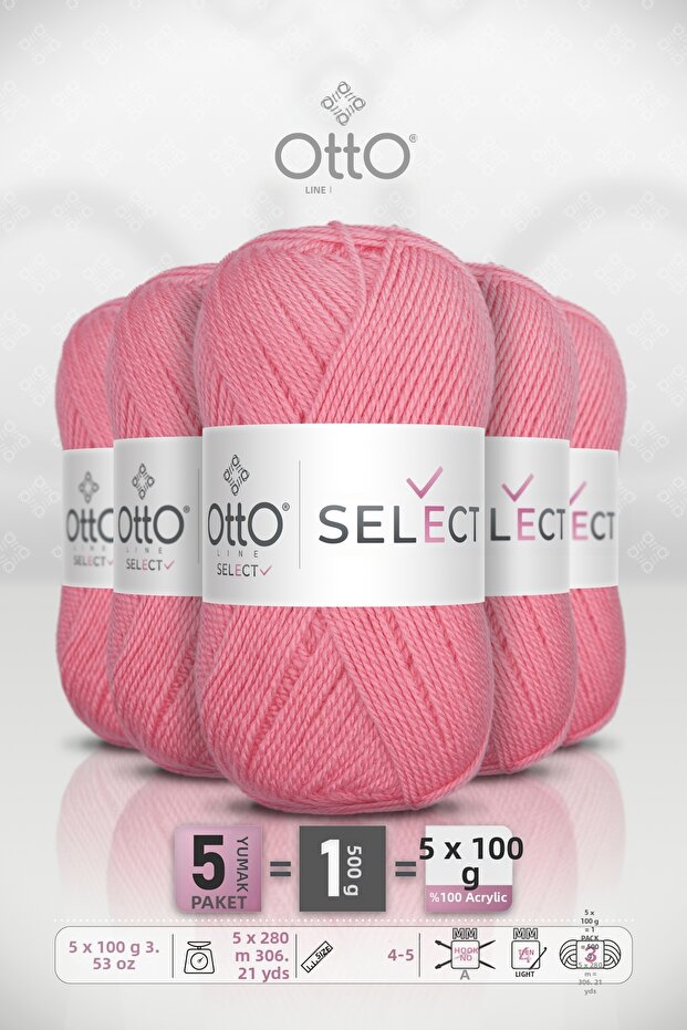 Select • Pink (9535) • 5-Pack × 100 Gr / 280 m • Acrylic Hand Knitting Yarn • Sweater, Cardigan, Scarf