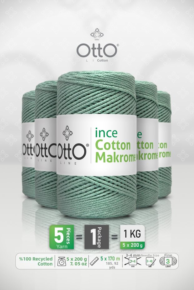 Thin Cotton Macrame • Green • 5-Pack × 200 Gr / 170 m • 2 mm • Cotton Cord • Macrame, Bags, Accessories