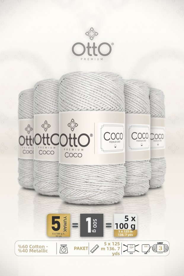 Coco • White • 5-Pack × 100 Gr / 125 m • 2 mm • Glitter, Cotton Thread • Bag, Accessories