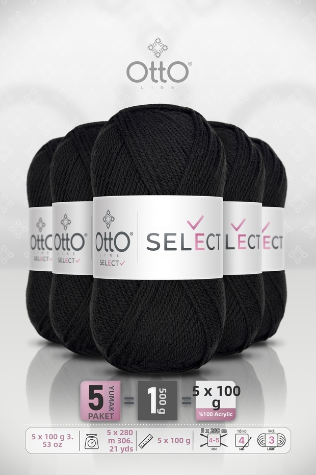 Select • Black (9510) • 5-Pack × 100 Gr / 280 m • Acrylic Hand Knitting Yarn • Sweater, Cardigan, Scarf