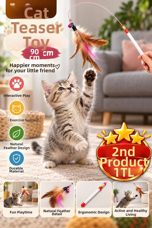 90 cm Furry and Bell-Adorned Cat Play Rod Interactive Cat Toy with Flexible Wire