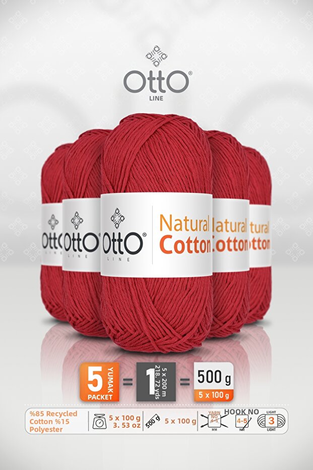 Natural Cotton • Red (6024) • 5-Pack × 100 Gr / 200 m • 2 mm • Cotton Thread • Punch, Amigurumi, Macrame