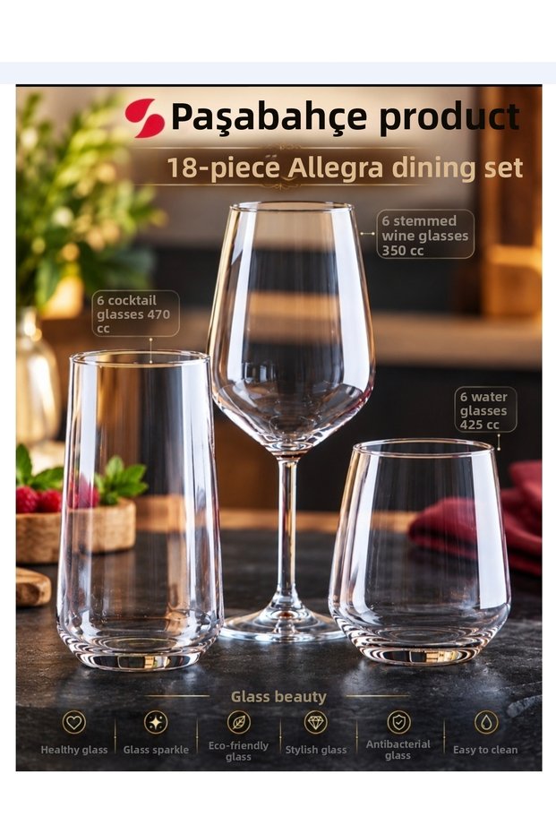 Allegra Water Soft Drink Glass Set - Water Glass Set 18 Pieces. 425Cc, 470Cc, 350Cc