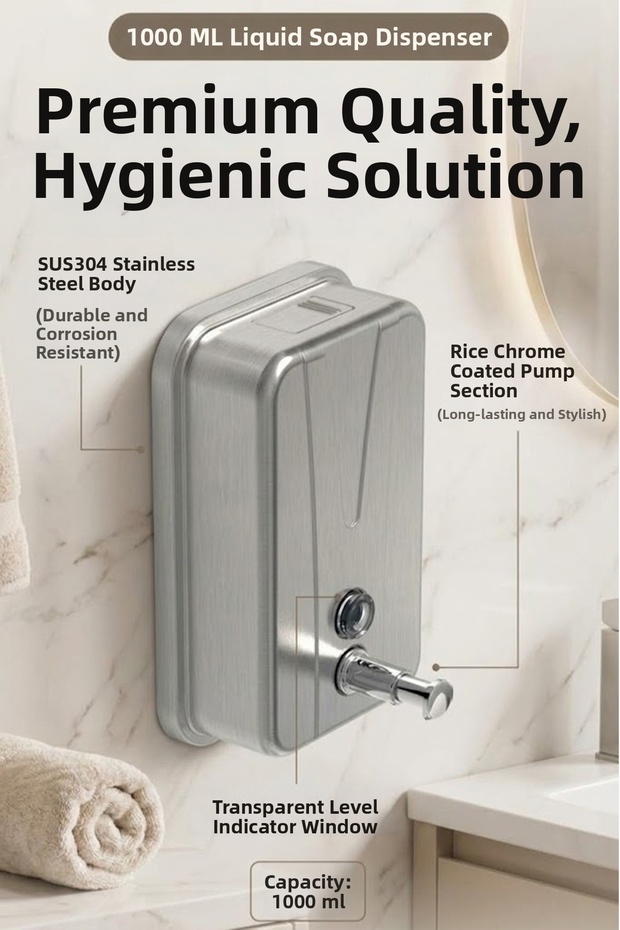 Sus304 Stainless Steel Wall Mounted Liquid Soap Dispenser 1000 ml with Brass Pump